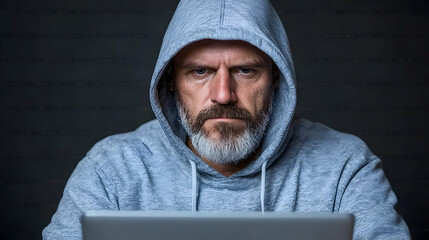 Serious man using laptop, dark background, cybersecurity