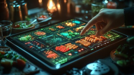 a person employs a tablet to follow their food data and nutrition, reviewing the graphs and charts s
