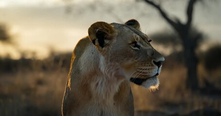 Aufkleber - Golden hour lioness portrait in an open field with a blurred background and warm lighting