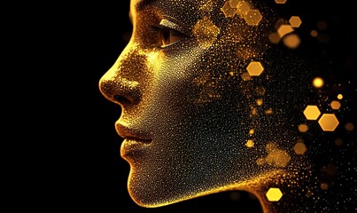 Digital Identity: Human Face with Algorithmic Patterns and AI Aura, Illuminated Portrait, Futuristic Concept
