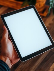 Wall Mural - A person's hand holding a tablet with a white screen in the center of an image. The tablet is being held against a blurred background that includes what appears to be wooden surfaces and a plant,