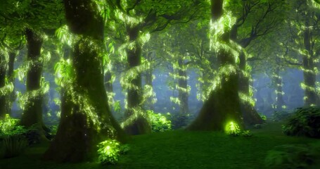 Aufkleber - Luminous Green Forest with Glowing Foliage and Sunlight Creating Magical Atmosphere