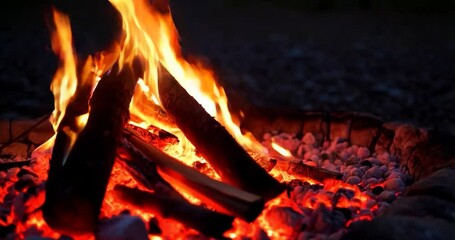 Poster - Close Up of Bonfire Burning with Orange Flames on Black Backgrounds