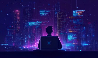 Software Developer Coding on Laptop with JavaScript and Binary Code, Mobile App Development, Nighttime Digital Workspace, Innovative Programming and Technology