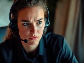 Poster - Professional image of a woman operating a computer and wearing a headset, seemingly engaged in a call or monitoring system.