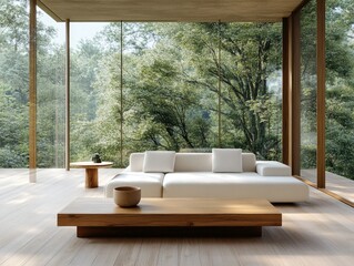 Wall Mural - Elegant modern living room with large glass windows and sliding doors, featuring a minimalist design with white sofa and wooden flooring, in a serene natural setting.