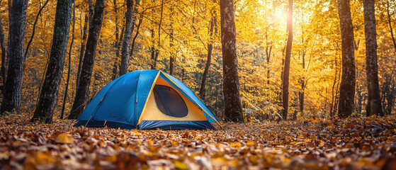 camping tent in autumn forest, copy space