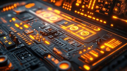Futuristic tech control panel, glowing orange, close-up