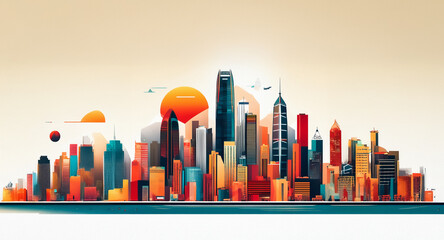 Poster - Abstract cityscape illustration. Stylized buildings stand against a warm gradient sky with a bright orange sun in this colorful and vibrant scene.