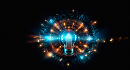 Fototapete - Bright lightbulb shape in center, circular layers of blue and orange light effects on black background. Futuristic, technological style.