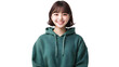 © Chimera - Portrait of a happy beautiful korean hair bang style, wearing a green hoodie sweater and jeans, front view, mockups