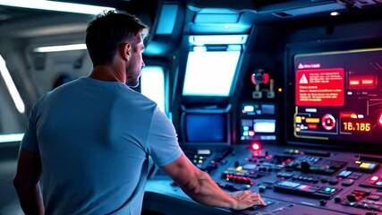 A man, seen from behind, stands in a highly technological control room, facing a large screen displaying a warning sign. The room is filled with complex consoles and illuminated buttons.