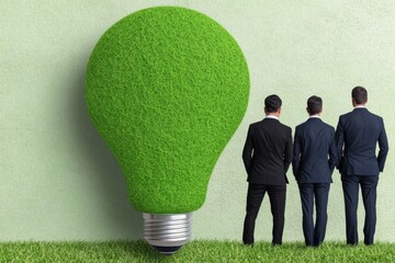 Wall Mural - Flat illustration of employees carry green ESG sustainable lightbulb corporate efforts eco-friendly clean energy solutions renewable power reuse