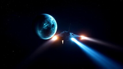 a sleek, dark spaceship flies through space, with a large, blue-tinged planet in the background. bri
