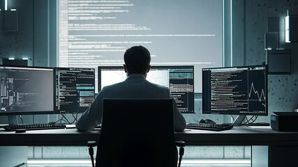 Programmer working late at night in a modern office with multiple computer screens displaying code and data.