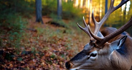 Poster - Close up shot of a majestic deer with antlers in a forest