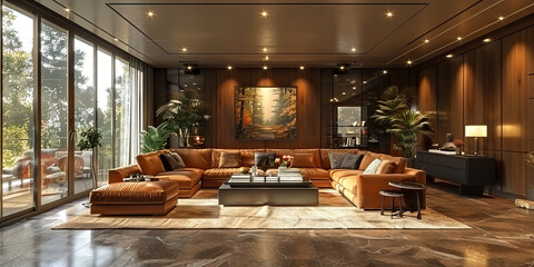 Wall Mural - A sophisticated modern living room with a large brown leather sectional sofa, warm ambient lighting, wooden panel walls, and floor-to-ceiling windows opening to a balcony.