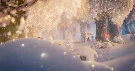 Aufkleber - Magical forest with snowy trees and fairy elements and sparkling lights in a blue background with snow flakes and a winter season environment. Snowflakes are falling in a fantasy scene, with lights