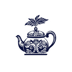 ornate teapot with floral design - elegant dark blue illustration
