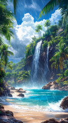 Tropical paradise with waterfall and rainfall, perfect for nature lovers