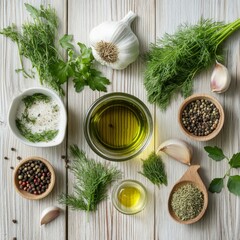 Wall Mural - Fresh culinary ingredients on rustic wooden table with herbs oil garlic