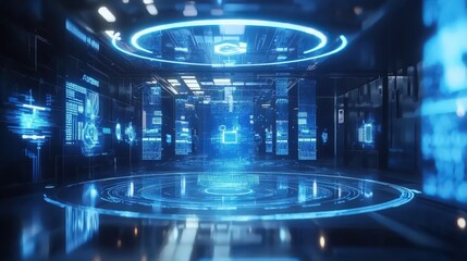 Wall Mural - an abstract futuristic technology background with neon blue light effects, symbolizing digital innov