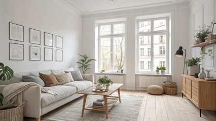 Sticker - Cozy and inviting Scandinavian style living room interior design with neutral colored furniture natural decor elements like plants and clean minimal aesthetic