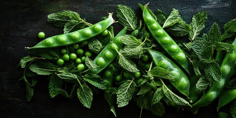 Wall Mural - Mint and peas, a classic combination for a refreshing appetizer or side dish. This is an image of fresh green peas surrounded by leaves from the mint plant, showcasing their natural flavors.