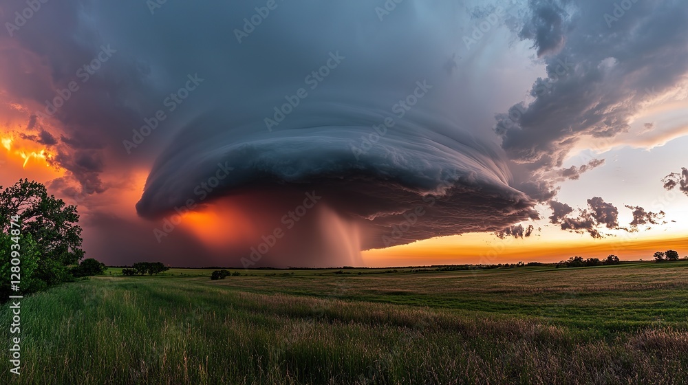 Tornado, a tornado in the distance on an open field at sunset. A large ...