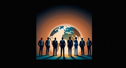 Leinwandbilder - Silhouetted figures stand before a stylized globe under a radiant glow.  The group, dressed in formal attire, faces forward, creating a sense of unity and global presence.