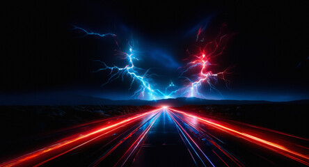 Poster - Vibrant streaks of red and blue light converge in the dark with flashes of lightning in the background creating an abstract scene of energy.