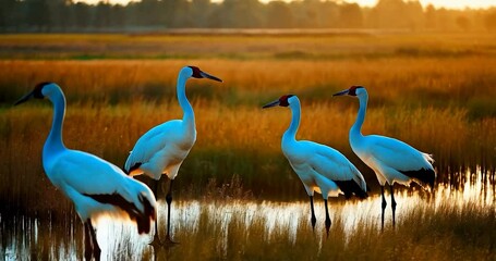 Aufkleber - Four White Cranes Standing In Water With Golden Background Under Daylight