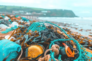 A beach covered in trash including plastic bottles and fishing nets