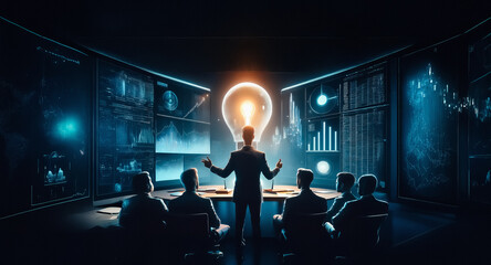 Aufkleber - A leader presents a bright idea in a modern meeting room.  Data screens surround the team, illuminating the collaborative atmosphere and innovative concepts.
