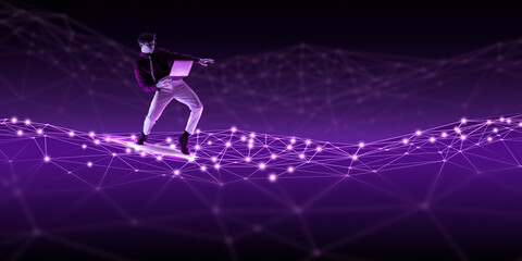 Man balancing on digital network waves, holding laptop, navigating futuristic data landscape with glowing purple connections. Concept of digital business, technology, innovation, cybersecurity