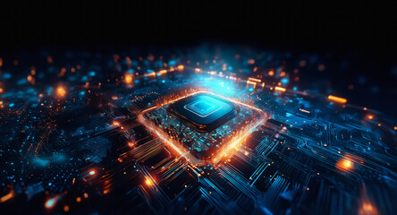 Aufkleber - Futuristic glowing square shape with blue and orange lights resembling a circuit board on a dark backdrop, representing modern technology.