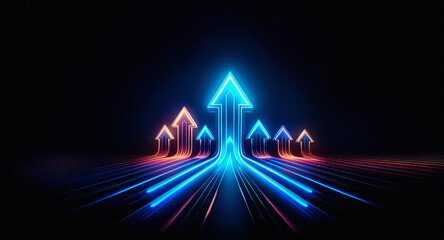 Poster - Neon arrows glow upwards in a dark space, illuminated with blue and orange lights. Light trails extend from the arrows, symbolizing progress and direction.