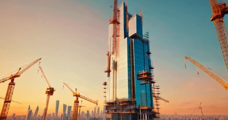 Aufkleber - Construction of a modern high-rise building at sunset with blue and orange sky in the city. Crane and skyscrapers in the background. Construction site with blue and orange sky. New construction under