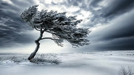 Snow-covered tree bending in strong wind, winter landscape.