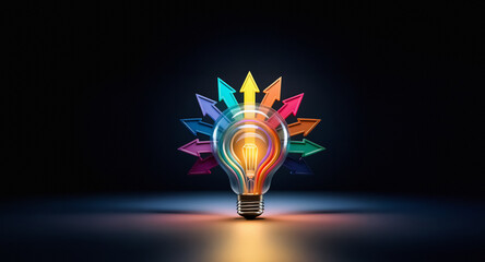 Poster - A glowing light bulb with colorful arrows radiating outwards, set against a dark background, represents ideas, direction, and innovative solutions.