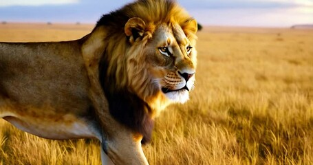 Aufkleber - Close-up of a Lion's Face with Golden Mane in a Grassy Field at Sunset