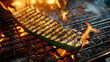 © Daria94 - A long slice of zucchini is sizzling on a grill, surrounded by vibrant flames. The atmosphere is festive, with warm light illuminating the backyard as people enjoy a summer evening cookout