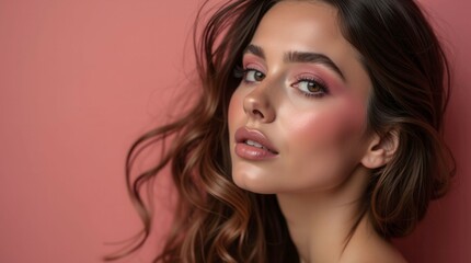 Wall Mural - A woman with long brown hair and pink lipstick. She is wearing a pink shirt. The image has a soft and feminine feel to it