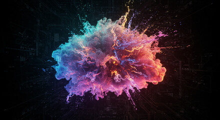 Wall Mural - colorful cosmic explosion with vibrant pink and blue smoke clouds on dark background. dynamic abstra