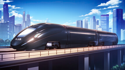 Wall Mural - A black train and a futuristic anime hyperloop train on a track connecting two urban areas with a clear blue sky in the background