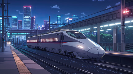 Wall Mural - Futuristic anime bullet train traveling on tracks in a dynamic urban environment with a modern city backdrop