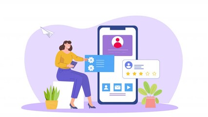 Flat scene animation showing a mobile app development process, with developers coding, testing, and launching an app in a digital workspace.