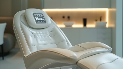 Poster - A sleek therapy chair equipped with control panels, set in a calming space designed for digital mental health and mindfulness practices. Ideal for remote healthcare sessions.