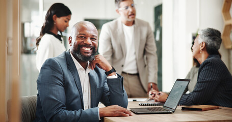 Leinwandbilder - Portrait, manager and happy business man in office with laptop at venture capital. Investment, professional leader and financial analyst in team meeting with data for private equity or profit growth