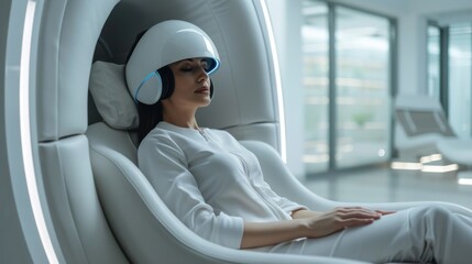 Poster - A person is engaged in a digital therapy session, utilizing advanced technology to enhance mindfulness and mental health in a serene, contemporary environment.
